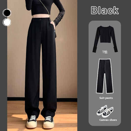 High Waist Drooping Straight Mopping Pants Black Wide Leg Pants - iztia