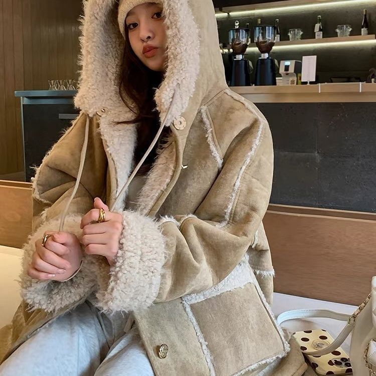 Hooded Suede Fur Lamb Warm Leisure Slimming Coat - iztia