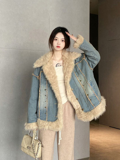 Denim Fur Collar Coat Women's Winter Hong Kong Style Vintage Top - iztia