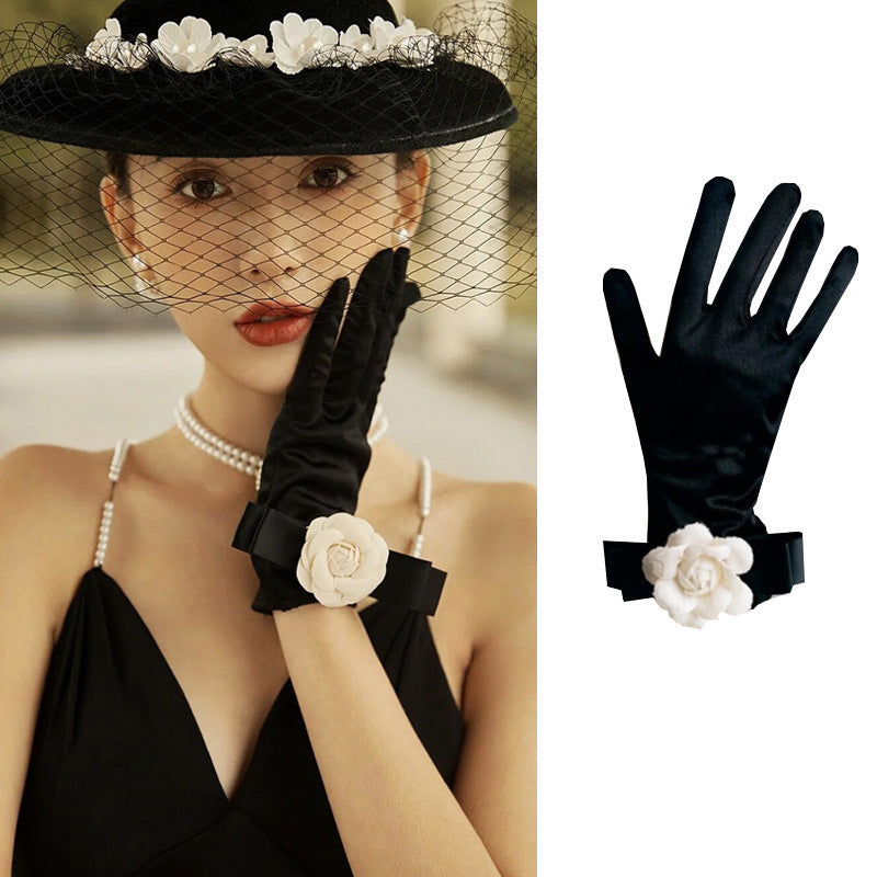 Women's Retro Hepburn Wind Black Evening Dress Butterfly Gloves - iztia