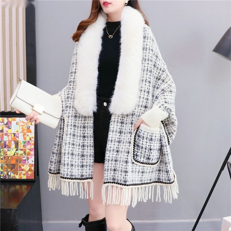 Autumn And Winter New Imitated Mink Cashmere Fur Collar Cape And Shawl Plus Size Tassel Knitted Cardigan - iztia