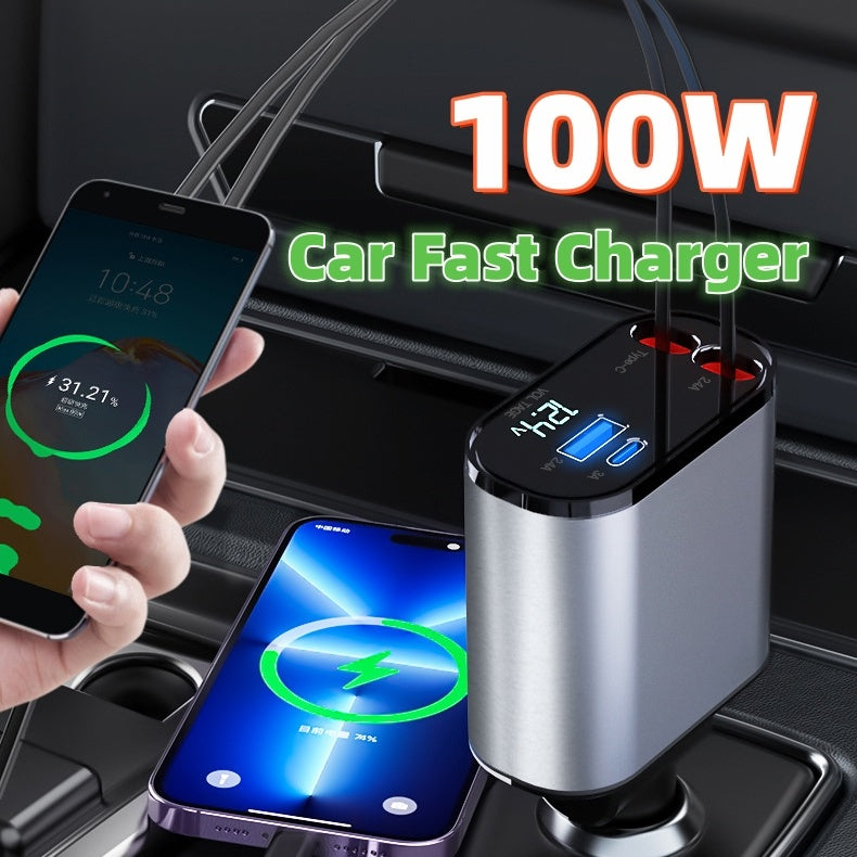 Metal Car Charger 100W Super Fast Charging Car Cigarette Lighter USB And TYPE-C Adapter - iztia