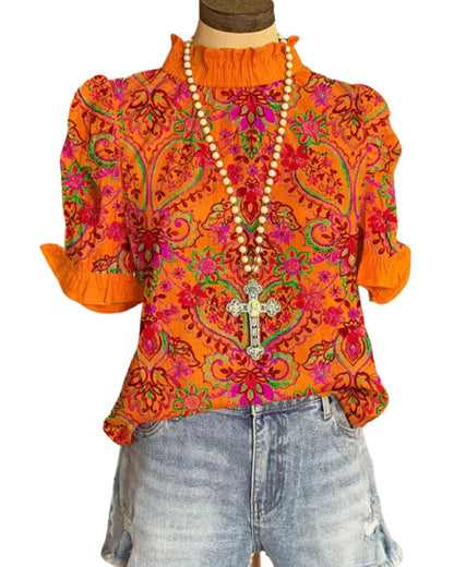 Women's Vintage Printed Orange Short Sleeve Gathers - iztia