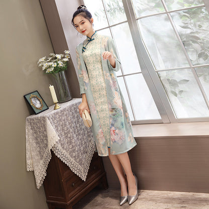 Women's Medium Length Cheongsam With Suede And Aodai Dress - iztia