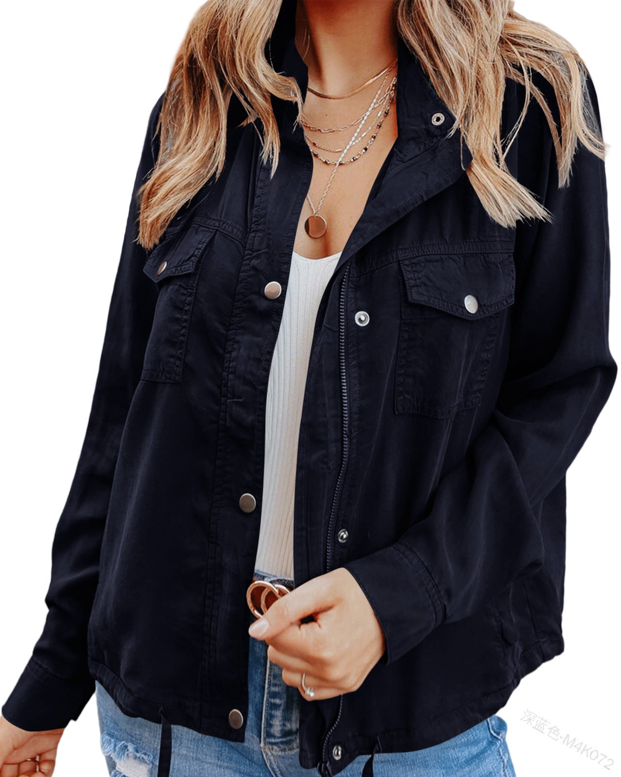 Polo Collar Zipper Hidden Hook Long Sleeve Pocket Drawstring Jacket Coat - iztia