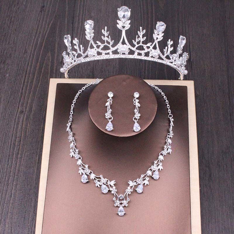 Bridal Rhinestone Crown Necklace Set Wedding Accessories - iztia