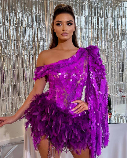 Purple Sequined Feather Skirt One-shoulder Sleeve Short Dress Luxury Party Stage Performance Dress - iztia