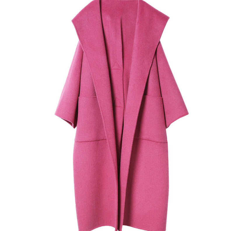 Women's Rose Red Reversible Hooded Cashmere Overcoat Mid-length - iztia