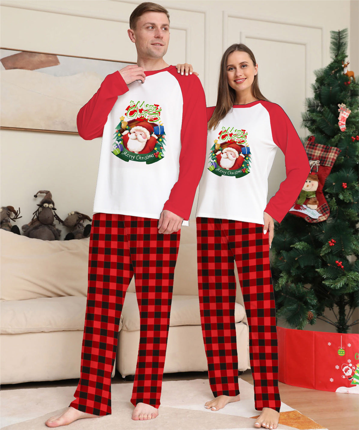 Christmas Parent-Child Clothes Set Long Sleeve T-Shirt Plaid Pants Family Matching Pajamas - iztia