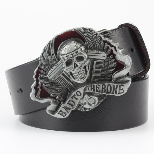 Casual Skull Decorative Two-layer Cowhide Belt - iztia