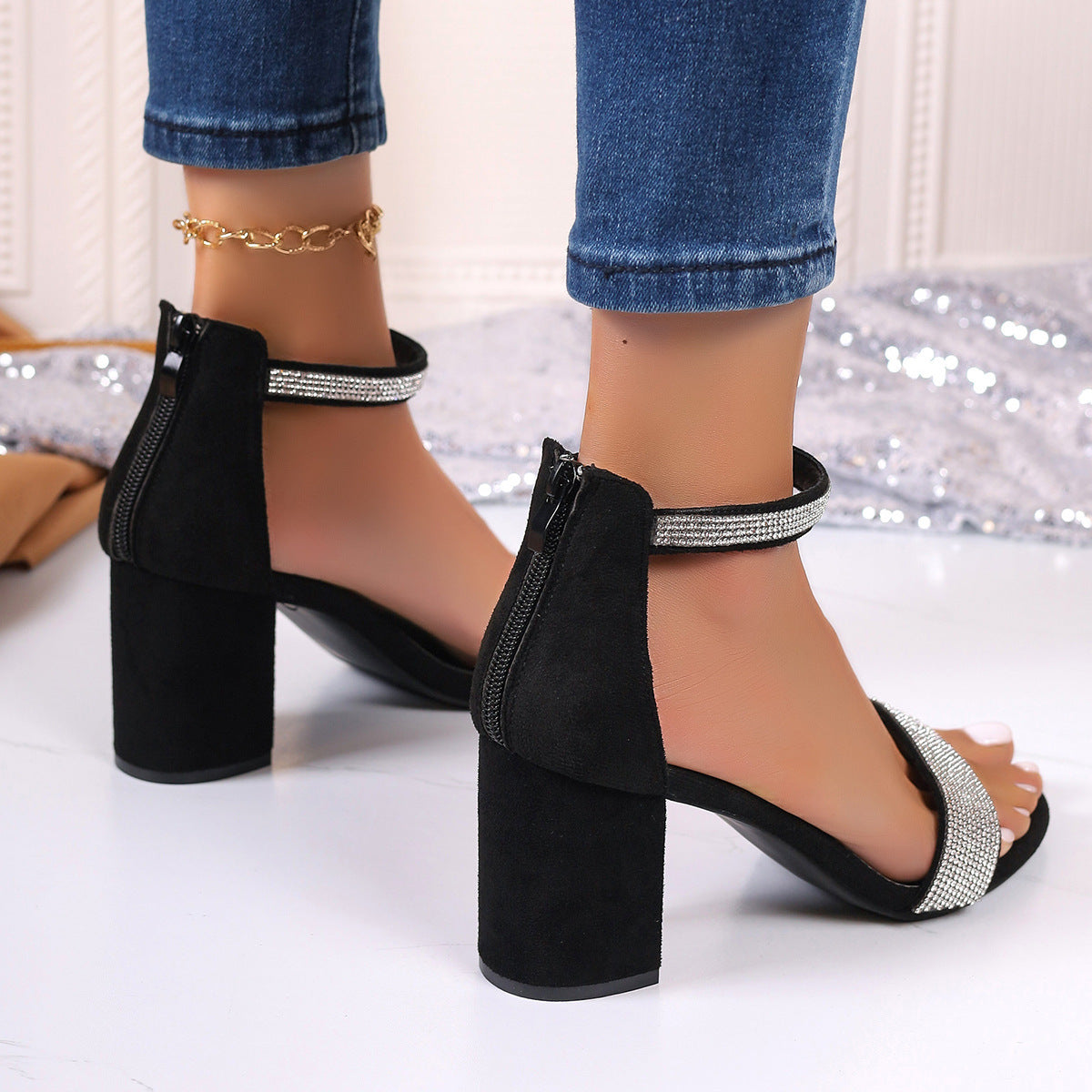 Rhinestone High Heel Sandals Summer Chunky Square Heel Sandals Open Toe Strappy Shoes - iztia