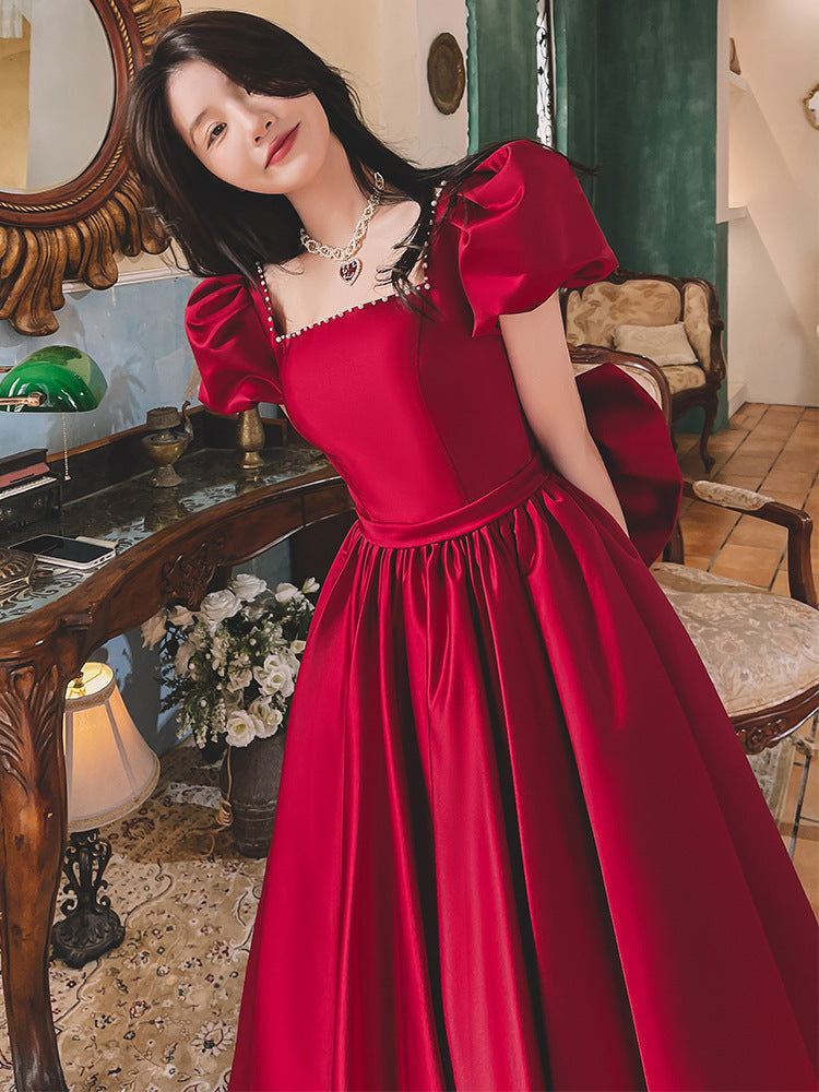 Winter Wine Red Engagement Daily French Princess On The Run Satin Dress - iztia