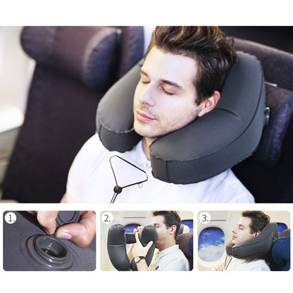 Hooded Travel Pillow H Shaped Inflatable Neck Pillow Folding Lightweight Nap Car Seat Office Airplane Sleeping Cushion Pillows - iztia