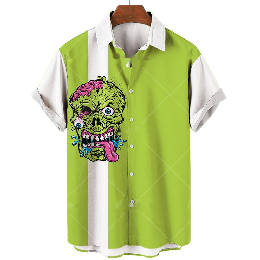 Men's Short-sleeve Lapel Shirt 3D Digital Skull Printed Shirt - iztia