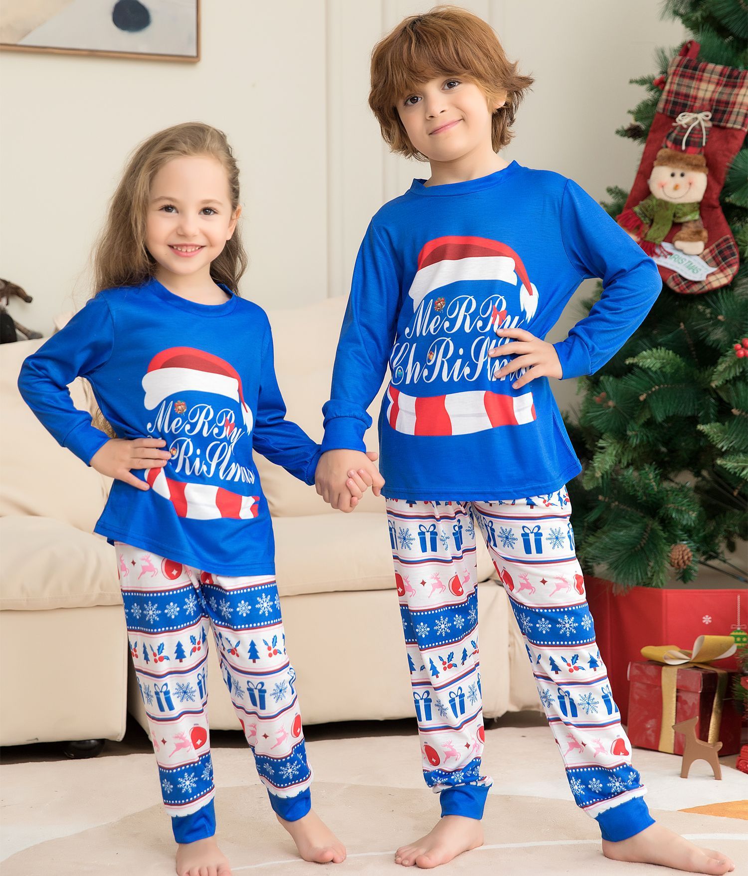 Matching Family Pajamas Sets Christmas PJ's Letter Print Top And Plaid Pants Jammies Sleepwear - iztia