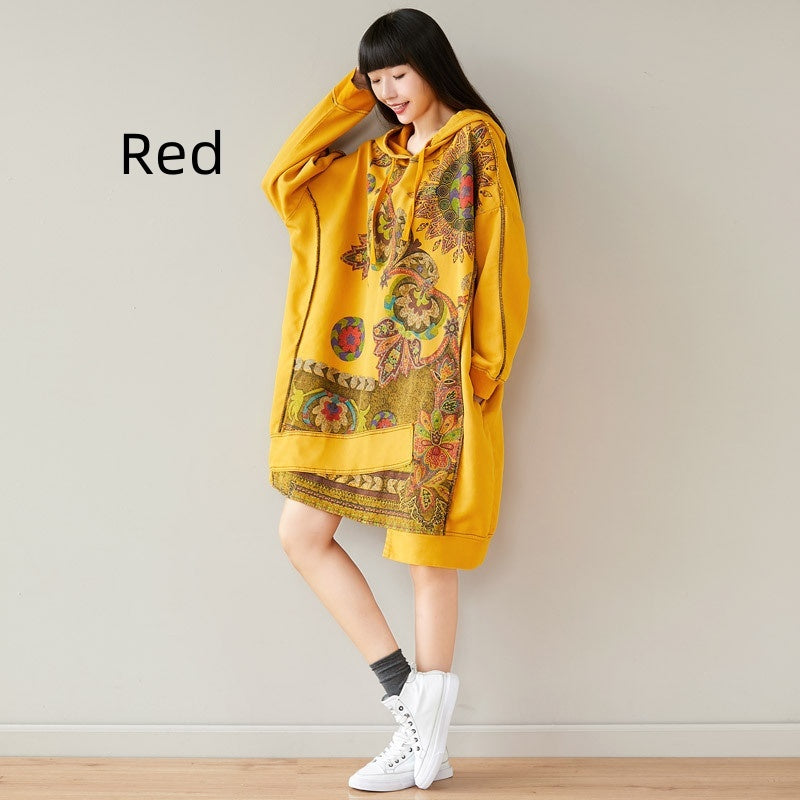 Women's Retro Artistic Hooded Mid-length Sweater Dress - iztia