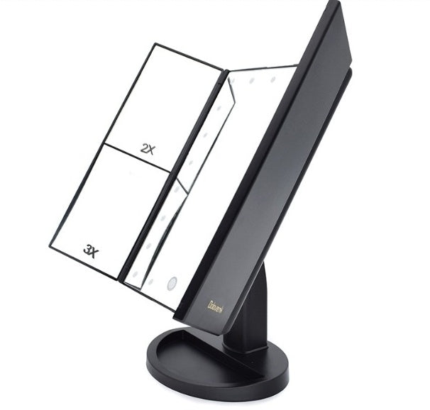 Three-sided Foldable Magnifying Desktop Makeup Mirror With Lamp - iztia