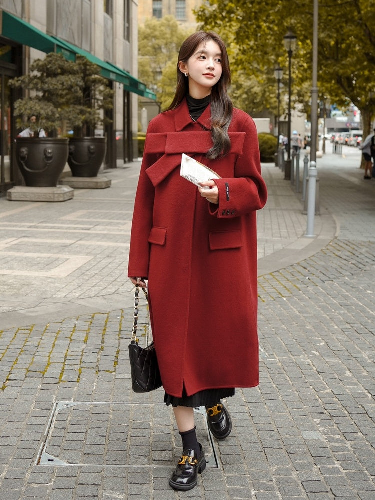 Women's Red Bowknot Woolen Coat Autumn Winter New Coat - iztia