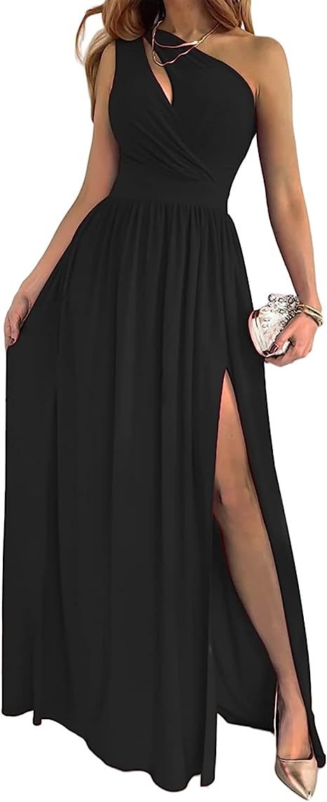 Women's One Shoulder High Split Cutout Sleeveless Elegant Sexy Cocktail Maxi Dress - iztia