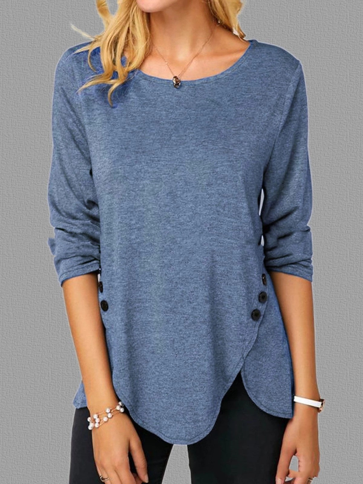 Irregular Button Hem Long Sleeved Round Neck Oversized T-shirt - iztia