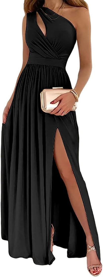 Women's One Shoulder High Split Cutout Sleeveless Elegant Sexy Cocktail Maxi Dress - iztia