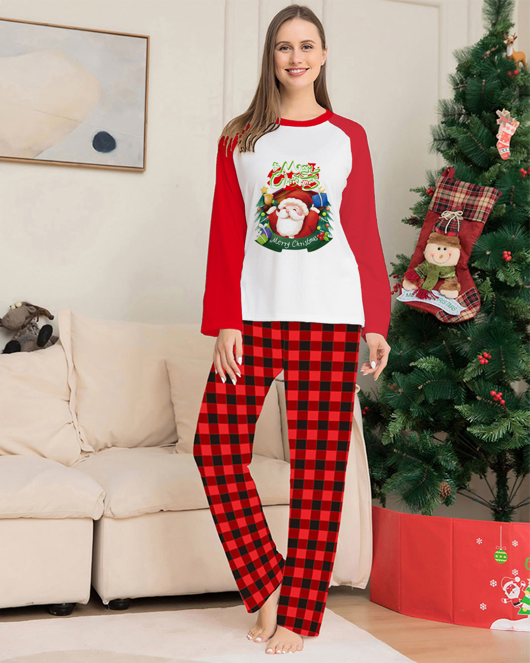 Christmas Parent-Child Clothes Set Long Sleeve T-Shirt Plaid Pants Family Matching Pajamas - iztia