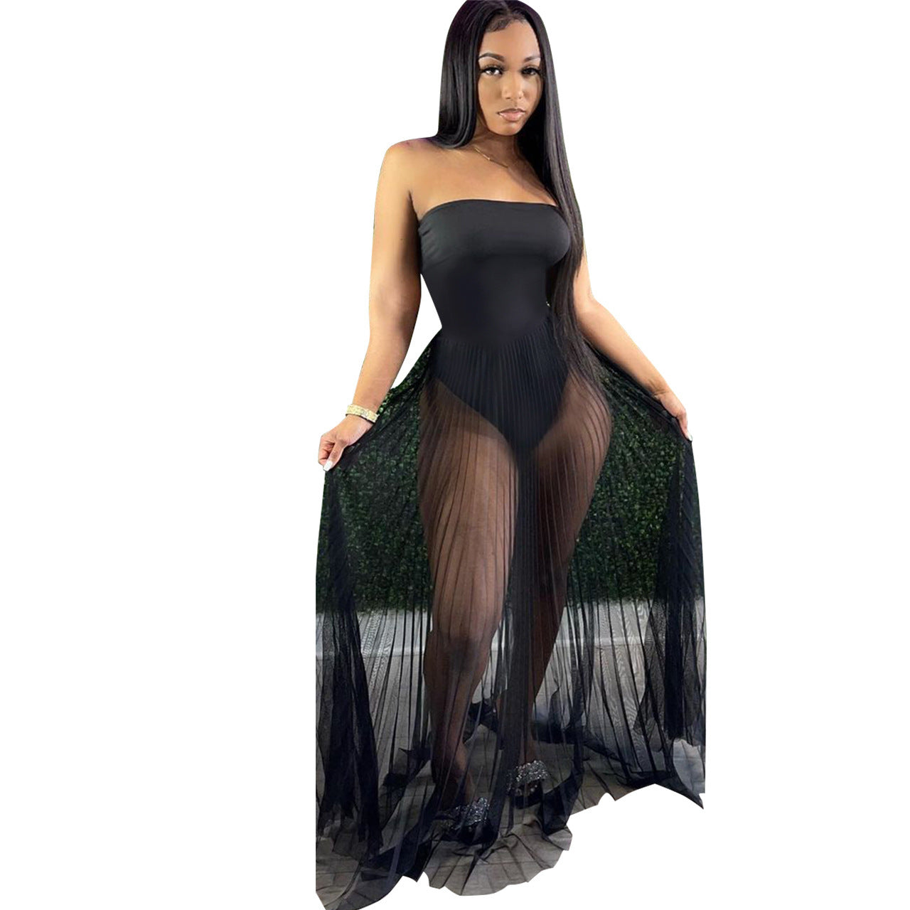 Sexy Mesh See-through Dress With Wrapped Chest - iztia