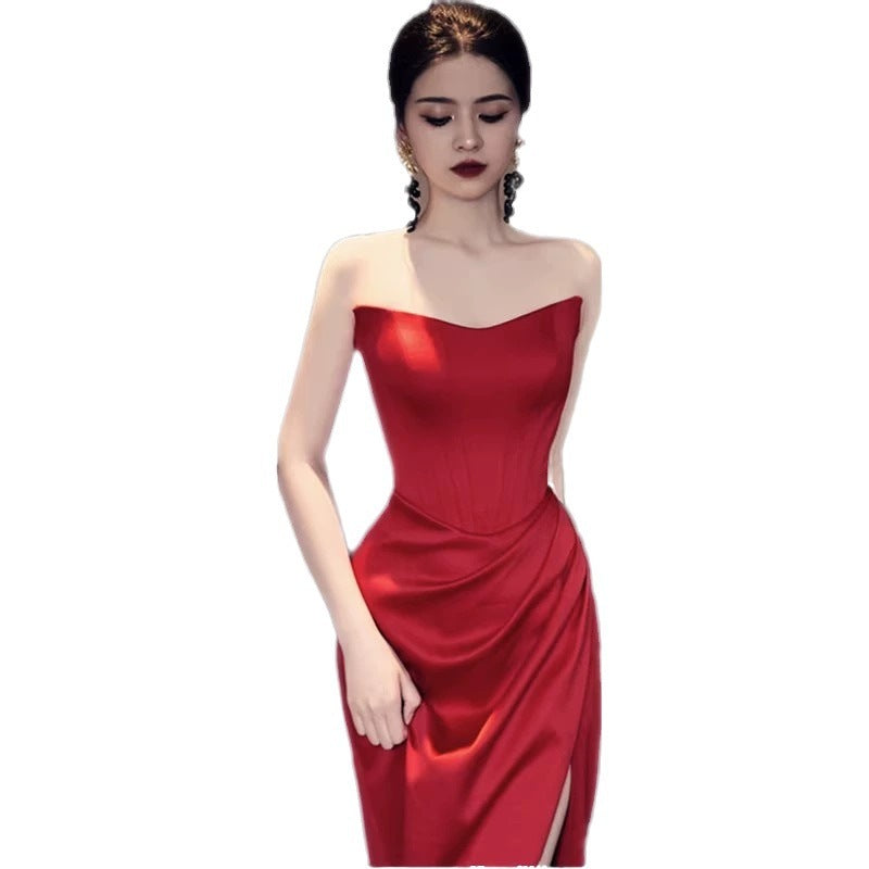 Fashion Bride Wine Red Engagement Wedding Back-to-door Casual Dress Small - iztia