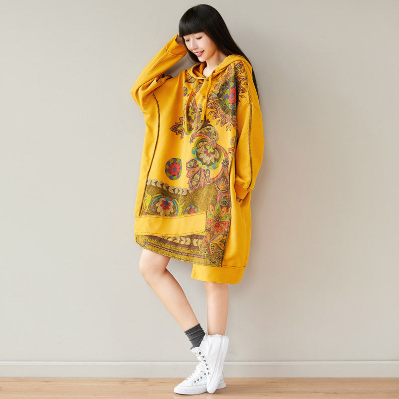 Women's Retro Artistic Hooded Mid-length Sweater Dress - iztia