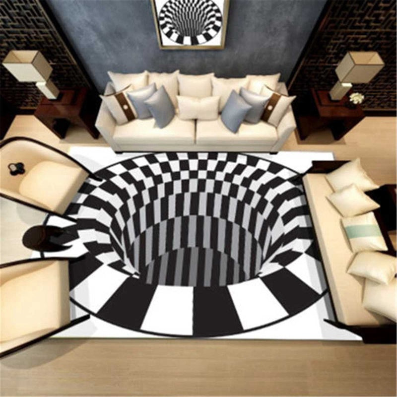 3D Vortex Carpet Black White Grid Bottomless Hole Illusion Rug Living Room Bedroom Anti-Slip Floor Mats Home Fashion Carpet Rugs - iztia