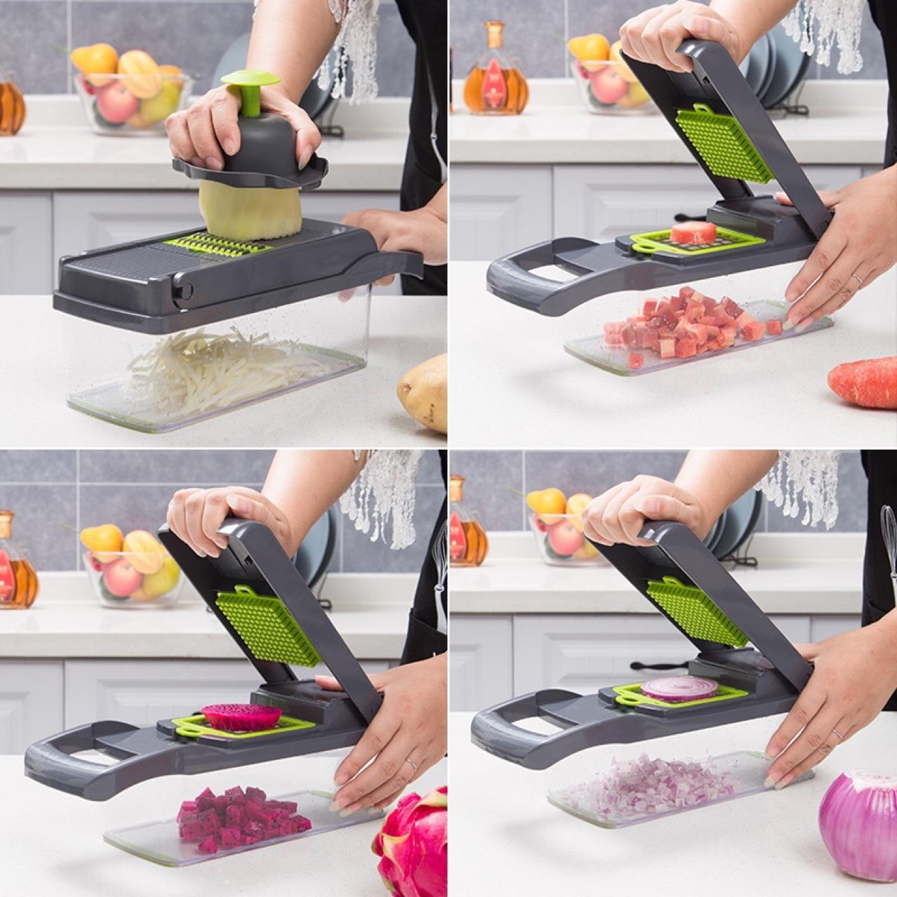 Iztia® Pro-Series 12 in 1 Manual Mandoline Slicer for Kitchen, Food Chopper, Vegetable Slicer and Spiralizer, Cutter, Dicer, Grater, Kitchen Gadgets Sets with Container, Black/Green - iztia