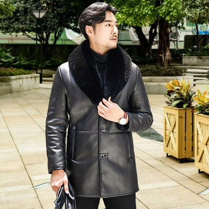 Winter Big Fur Collar Men's Leather Coat Padded Fleece Jacket - iztia