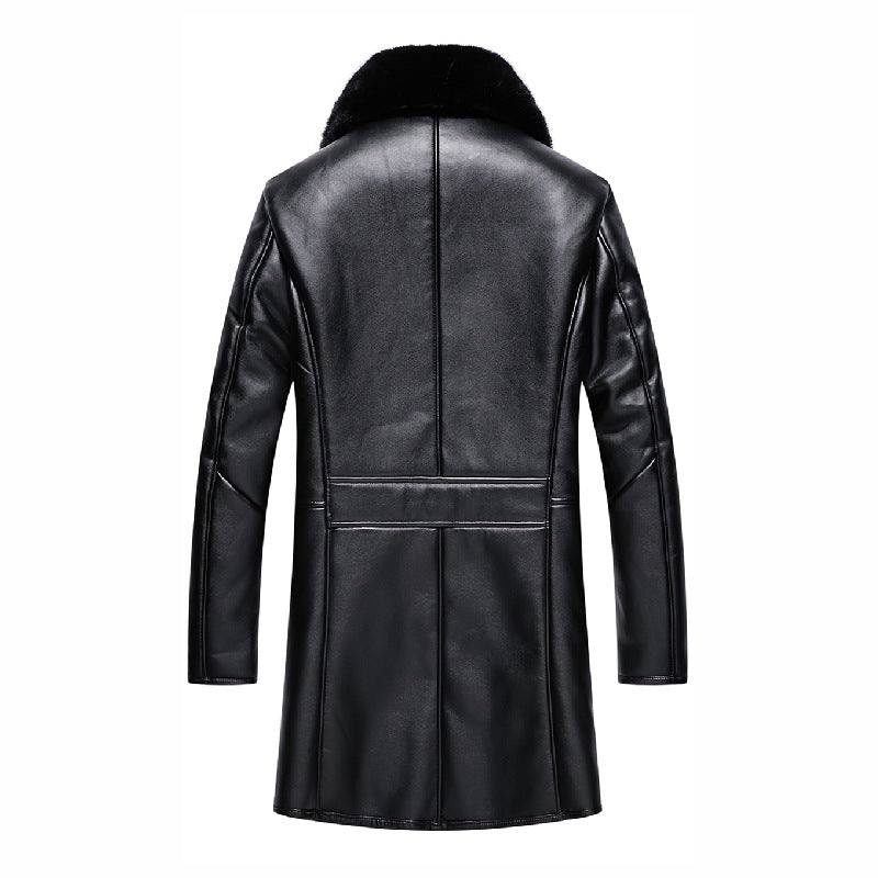 Winter Big Fur Collar Men's Leather Coat Padded Fleece Jacket - iztia