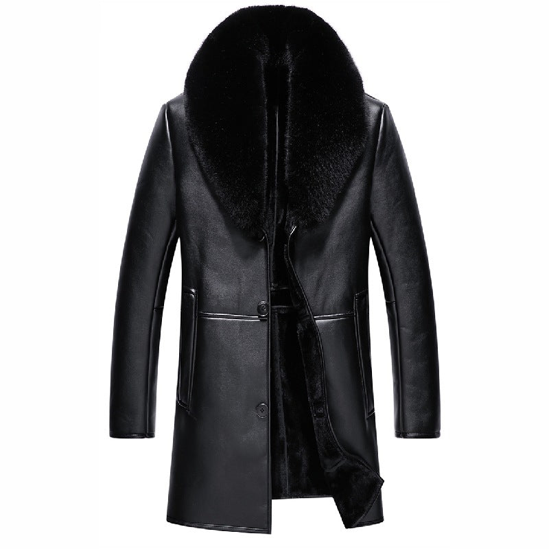 Winter Big Fur Collar Men's Leather Coat Padded Fleece Jacket - iztia