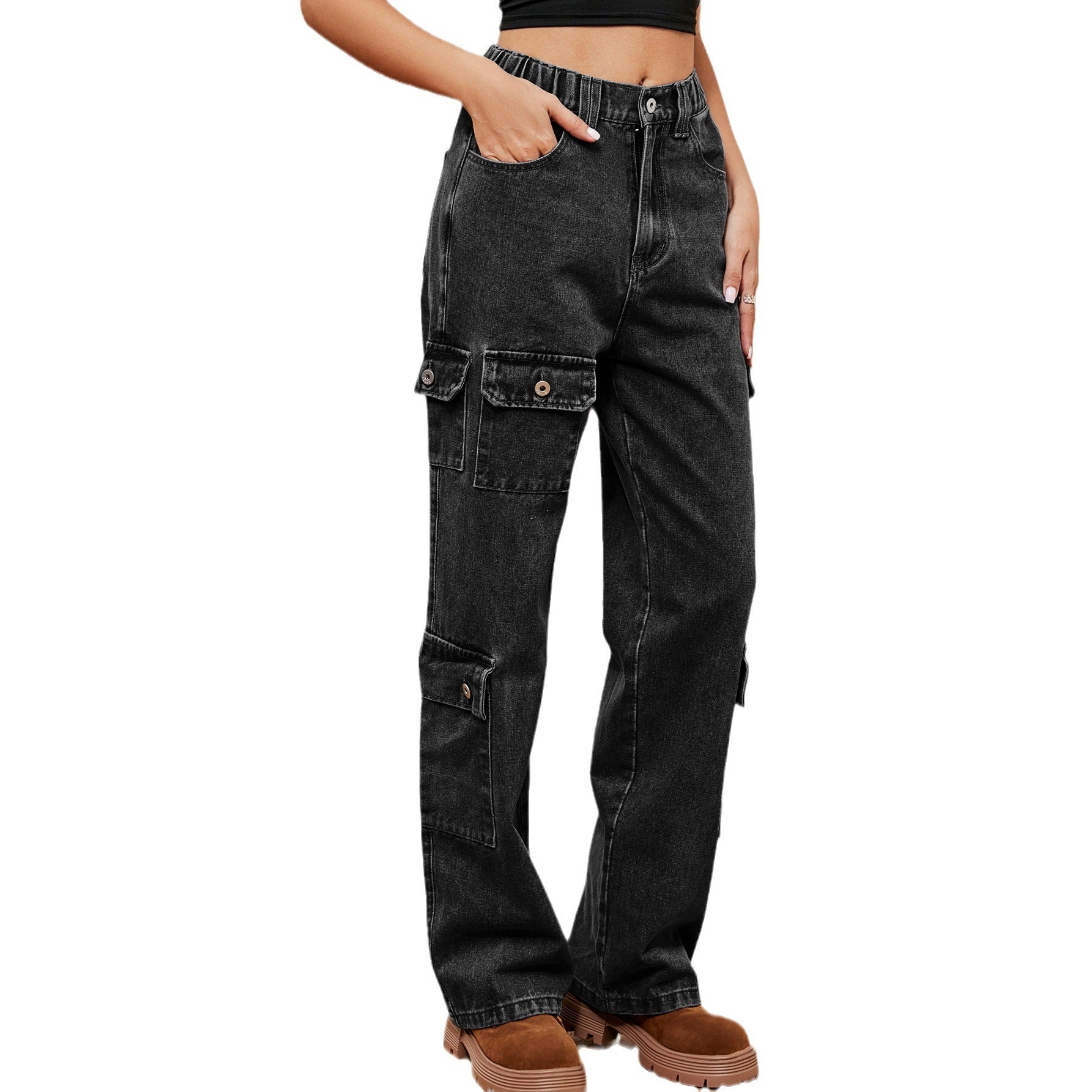 American Washed Semi-elastic Design Personality Denim Workwear Casual Pants - iztia