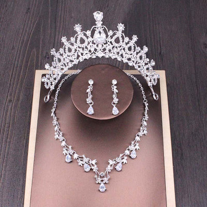 Bridal Rhinestone Crown Necklace Set Wedding Accessories - iztia