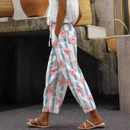 Pocket Casual Printed Elastic Waist Cropped Straight Pants - iztia