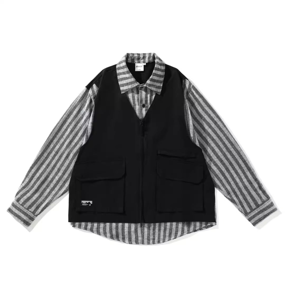 Japanese-style Retro Striped Fake Two Pieces Vest Workwear Shirt Plus Overalls Suit Men's Casual Simple - iztia