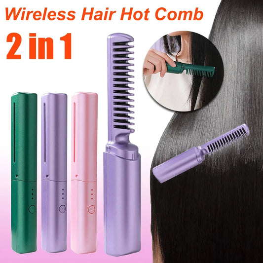 Professional Wireless Hair Straightener Curler Comb Fast Heating Negative Ion Straightening Curling Brush Hair Styling Tools - iztia