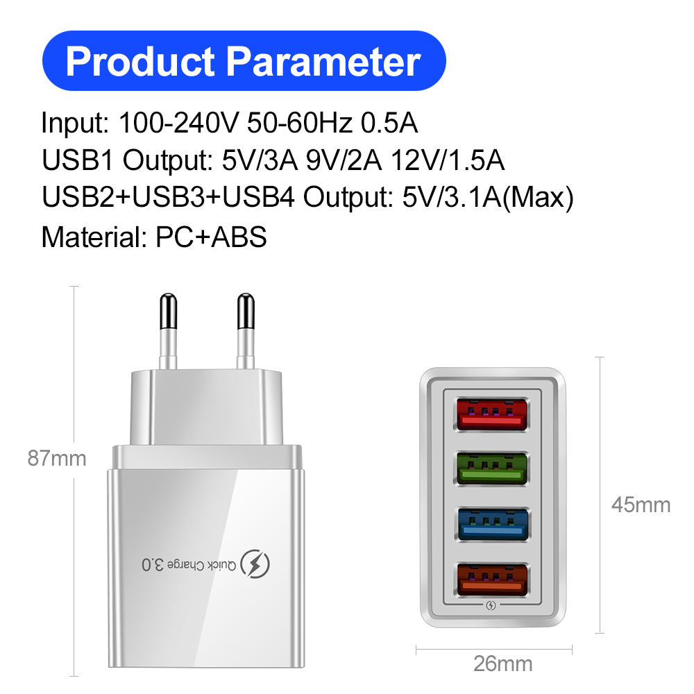 USB Charger Quick Charge 3.0 4 Phone Adapter For Tablet Portable Wall Mobile Charger Fast Charger - iztia