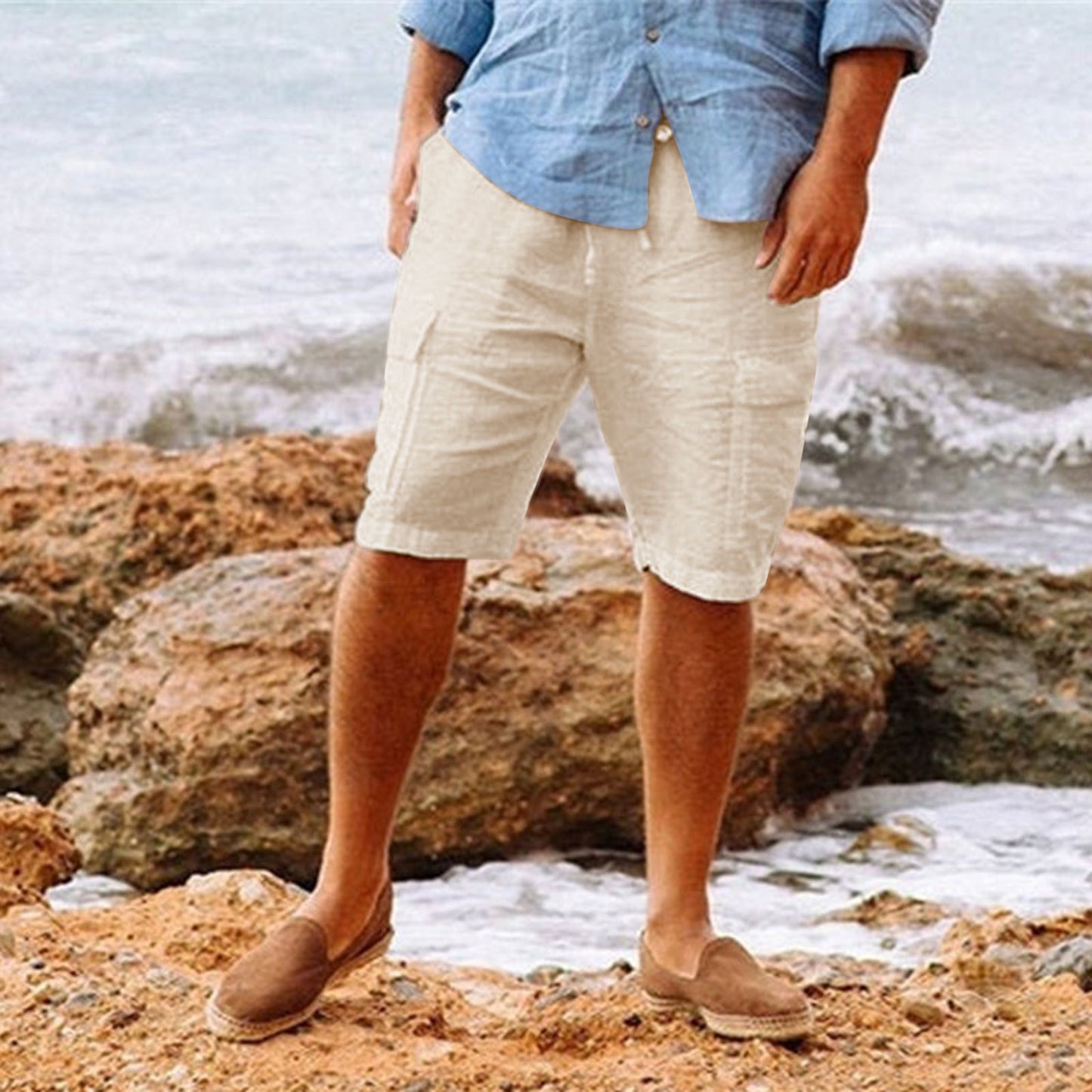 Men's Casual Vacation Beach Hawaiian Cotton Linen Multi-pocket Workwear Shorts - iztia