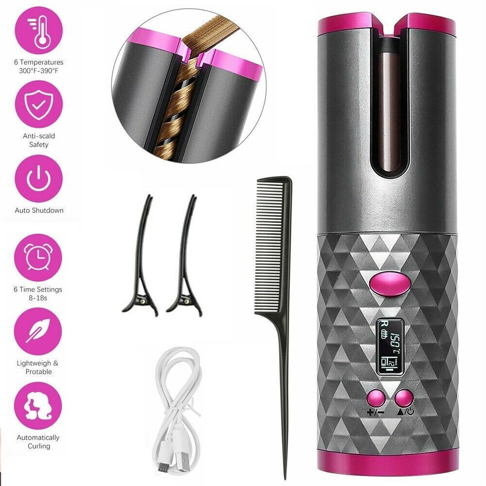 Electric LCD Display Automatic Rotating Cordless Hair Curler Fast Curling Iron Tongs Portable USB Rechargeable With Comb Safe USB Cordless Automatic Rotating Hair Curler Hair Waver Curling Ir - iztia