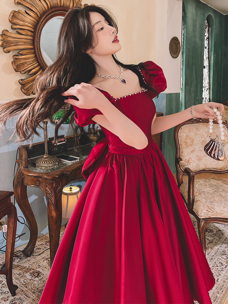 Winter Wine Red Engagement Daily French Princess On The Run Satin Dress - iztia