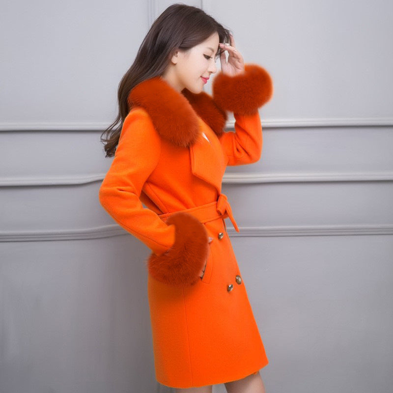 Big Fur Collar Warm Mid-length With Belt Coat - iztia