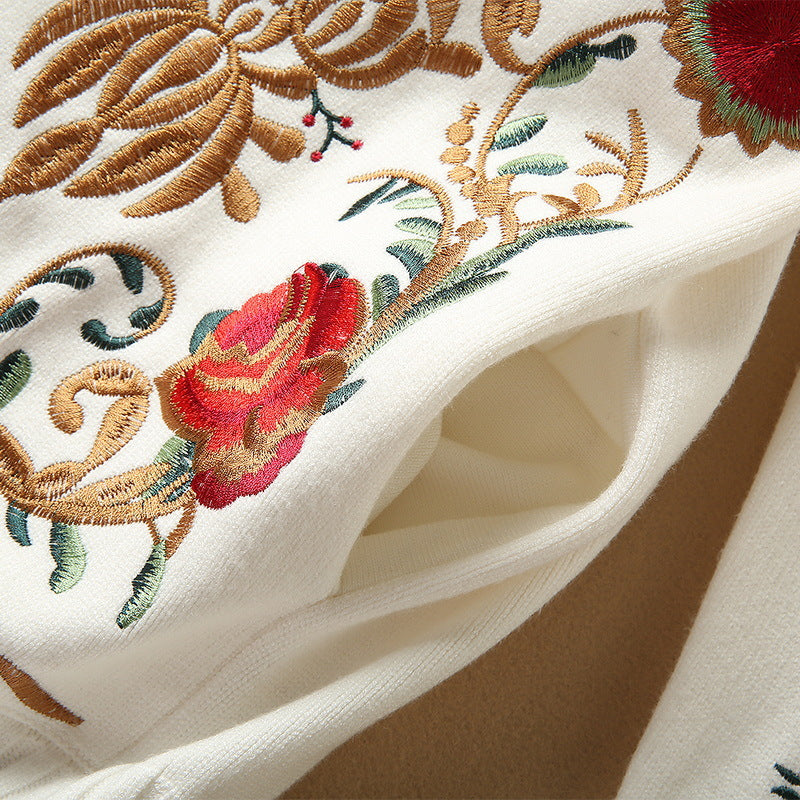 Machine Embroidery Long Sleeve Loose White Wool Sweater - iztia