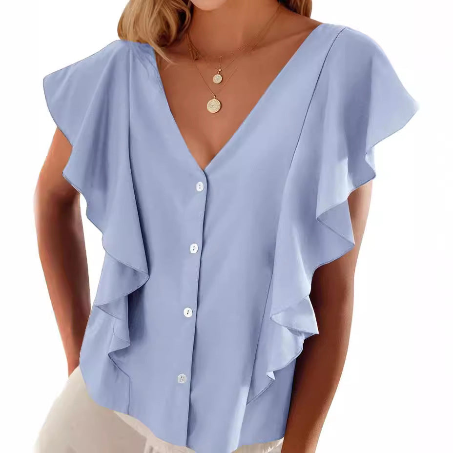 Women's Top Pleated Cover Ruffle Sleeve V-neck - iztia