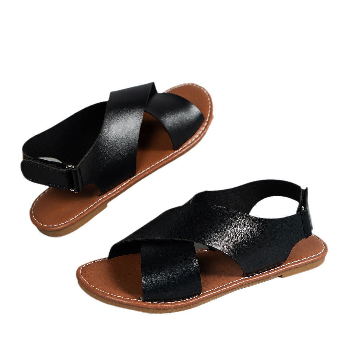 Women's Flat Sandals Retro Style Wide Strap Open Toe - iztia