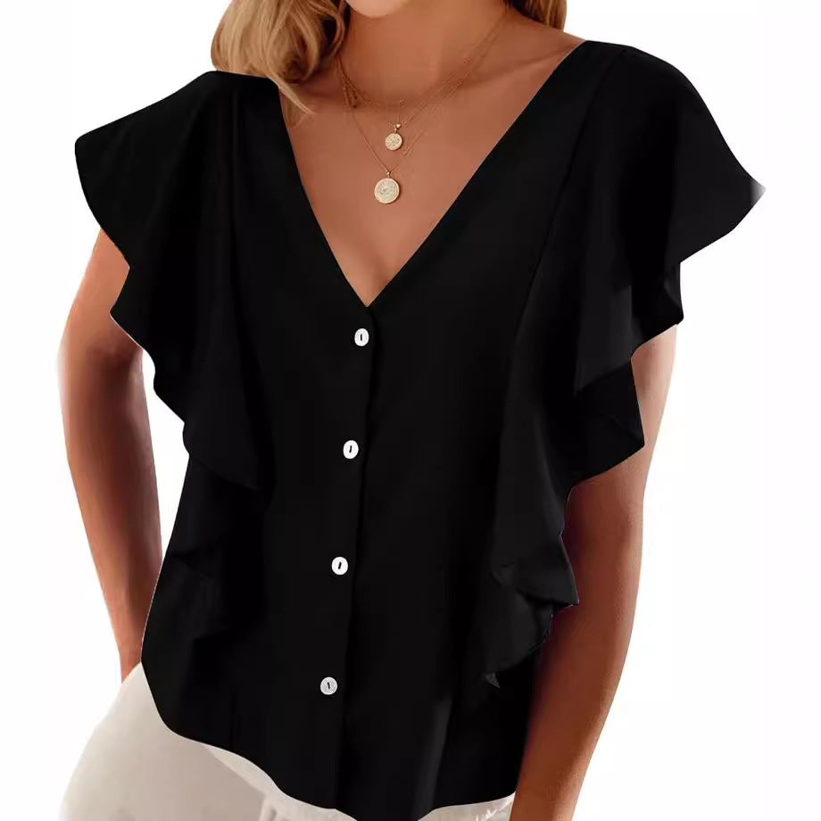 Women's Top Pleated Cover Ruffle Sleeve V-neck - iztia