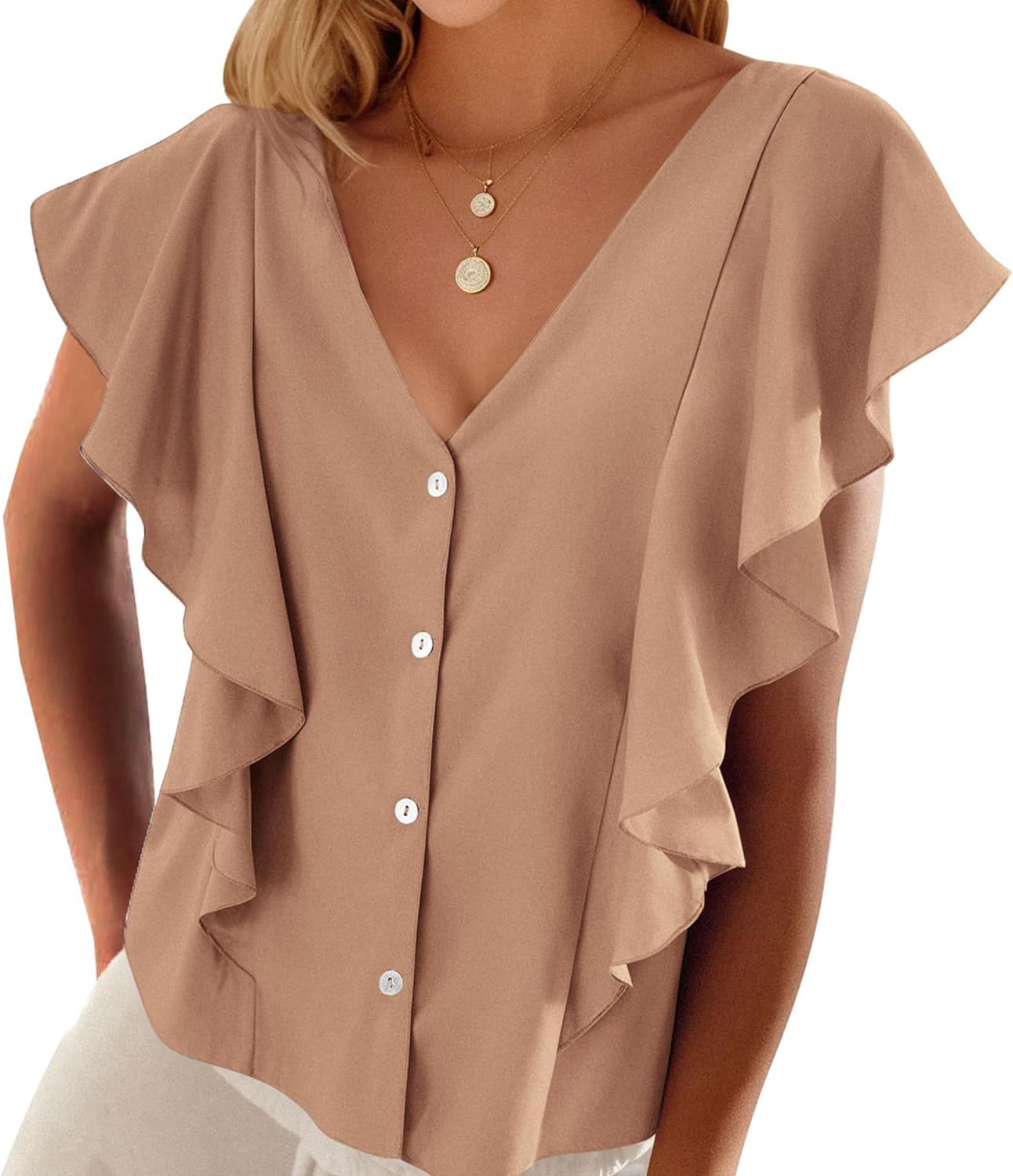 Women's Top Pleated Cover Ruffle Sleeve V-neck - iztia