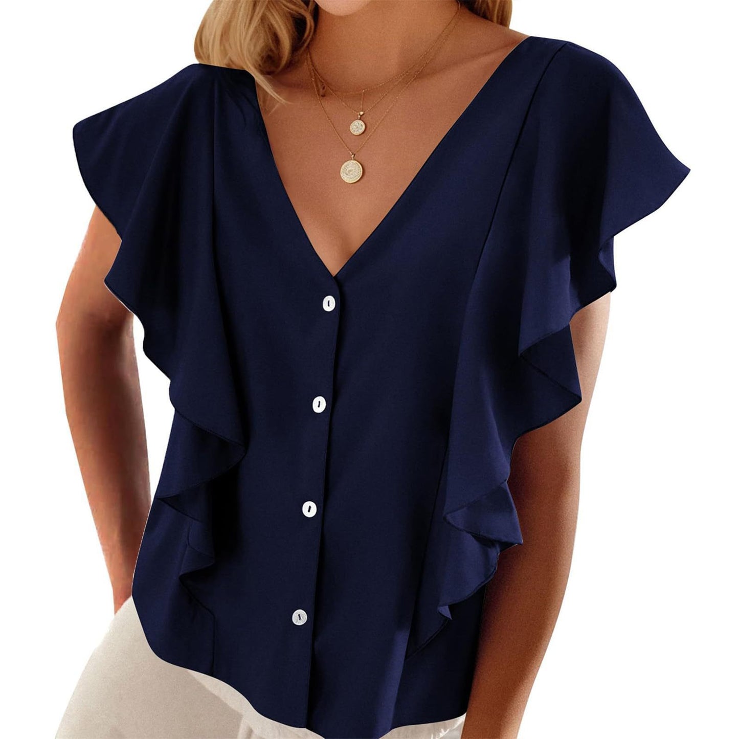 Women's Top Pleated Cover Ruffle Sleeve V-neck - iztia